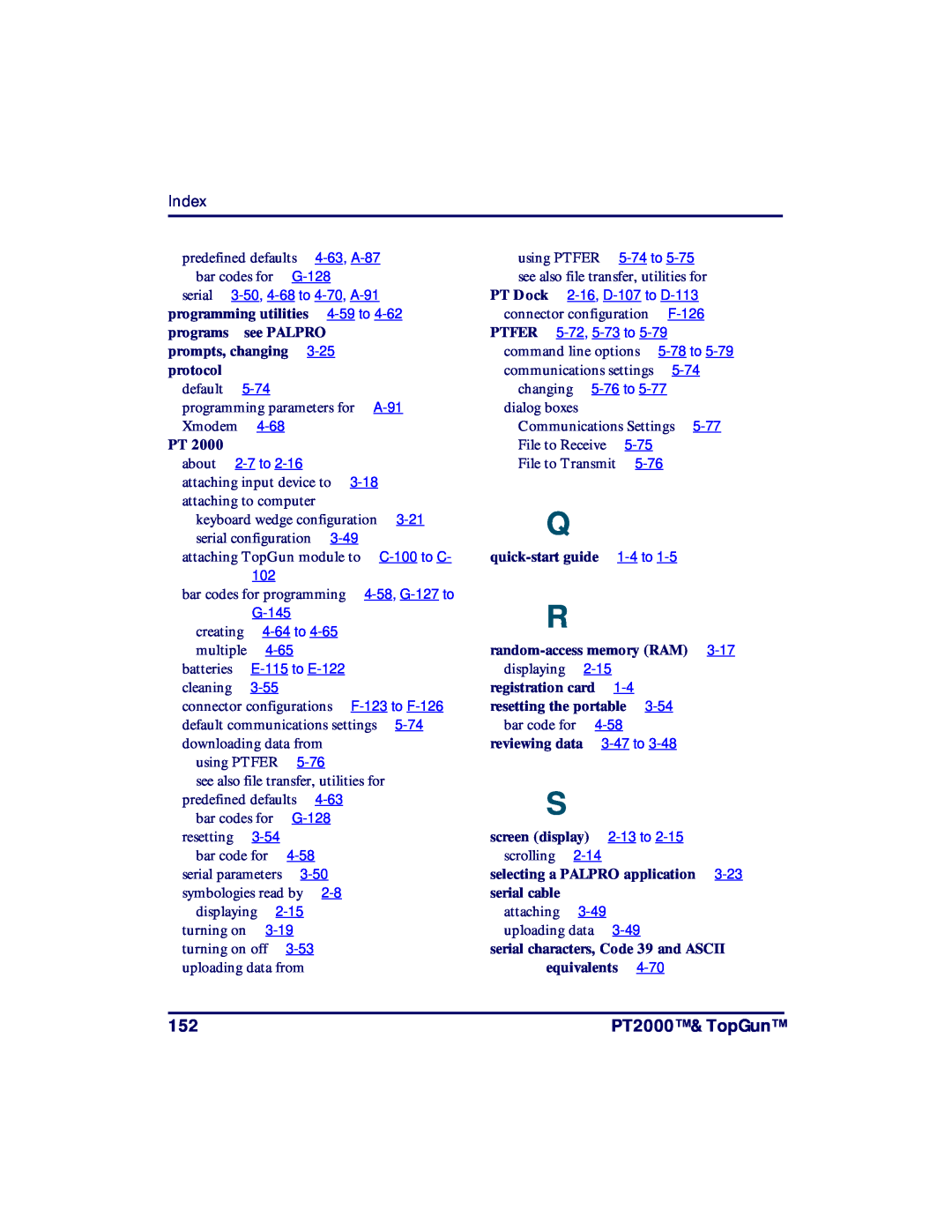 PSC manual PT2000 & TopGun, Index, keyboard wedge configuration, serial configuration, bar codes for programming 