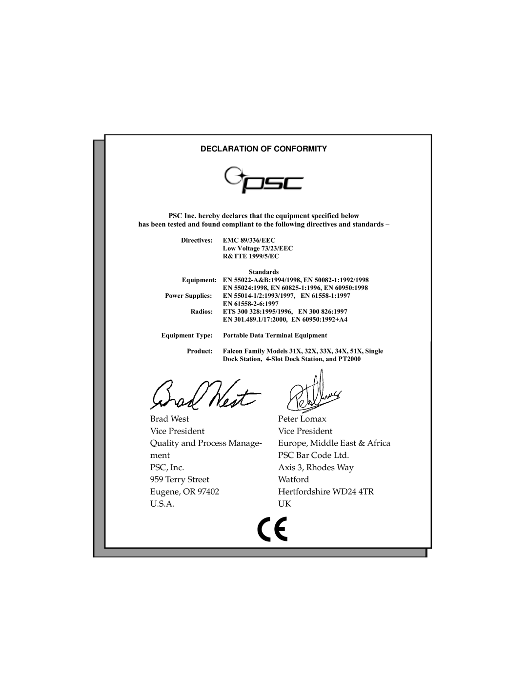 PSC PT2000, TopGun manual Declaration Of Conformity, PSC Inc. hereby declares that the equipment specified below 