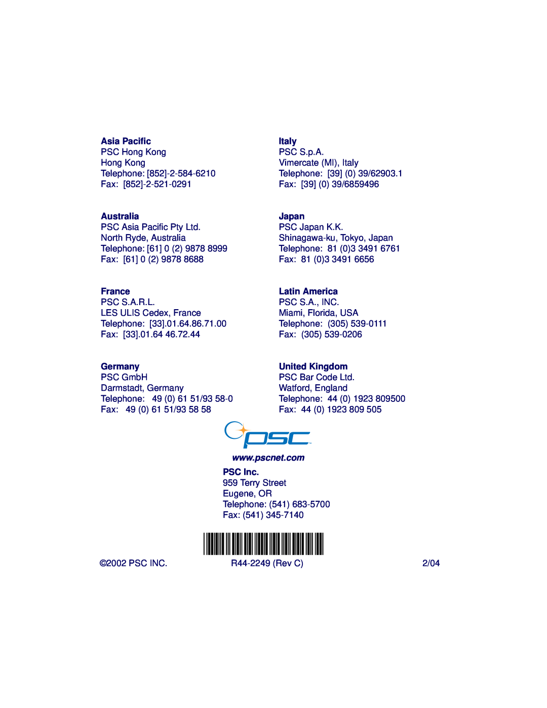 PSC TopGun, PT2000 manual Asia Pacific, Italy, Australia, Japan, France, Latin America, Germany, United Kingdom, PSC Inc 
