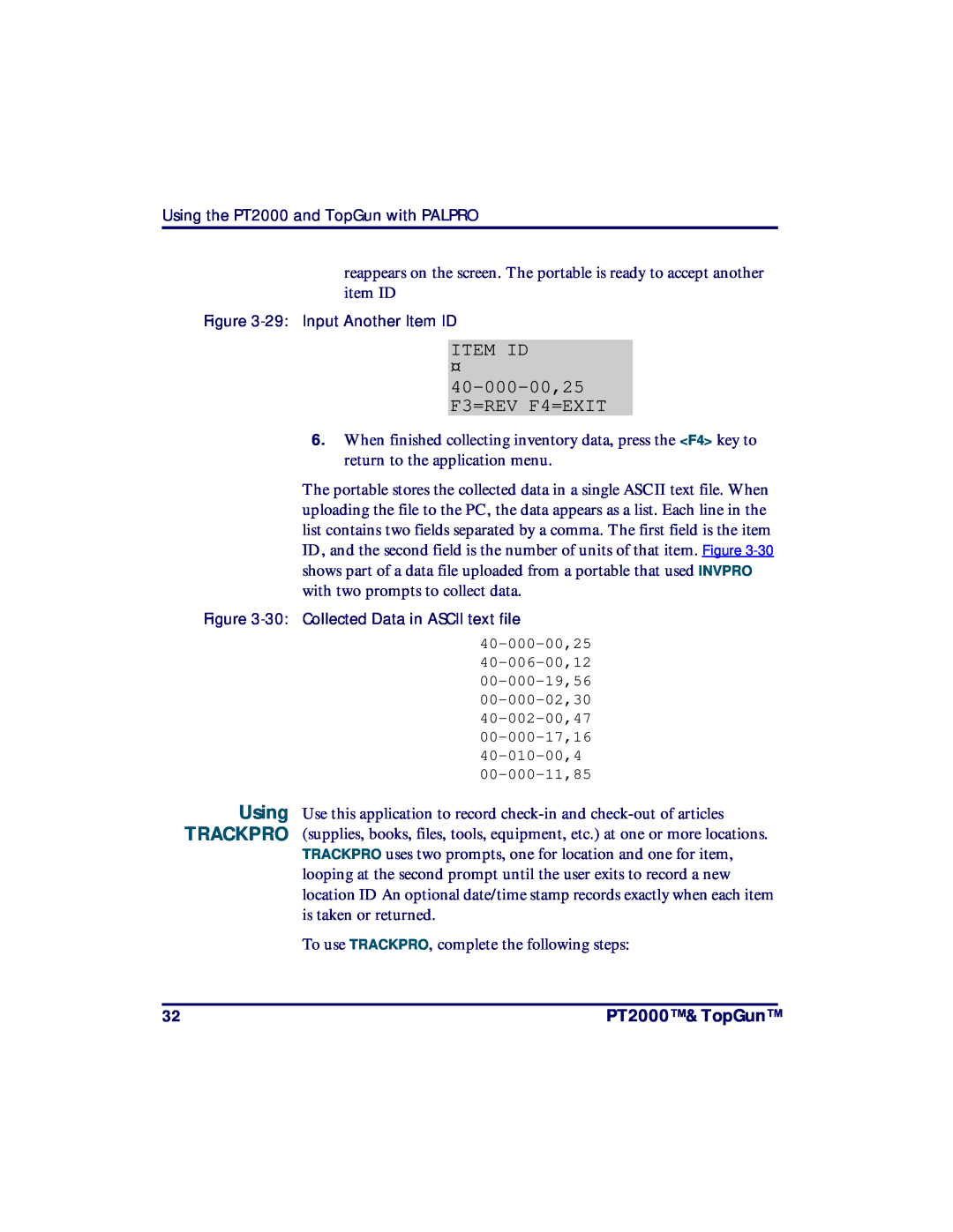 PSC TopGun, PT2000 manual Using TRACKPRO, Item Id 