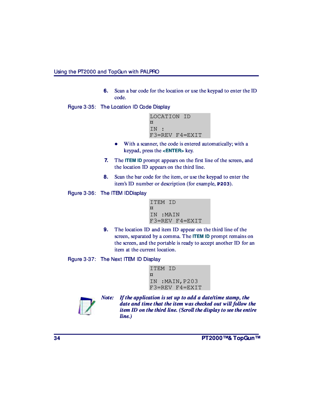 PSC TopGun, PT2000 manual IN MAIN F3=REV F4=EXIT, IN MAIN,P203 F3=REV F4=EXIT, Location Id, Item Id 