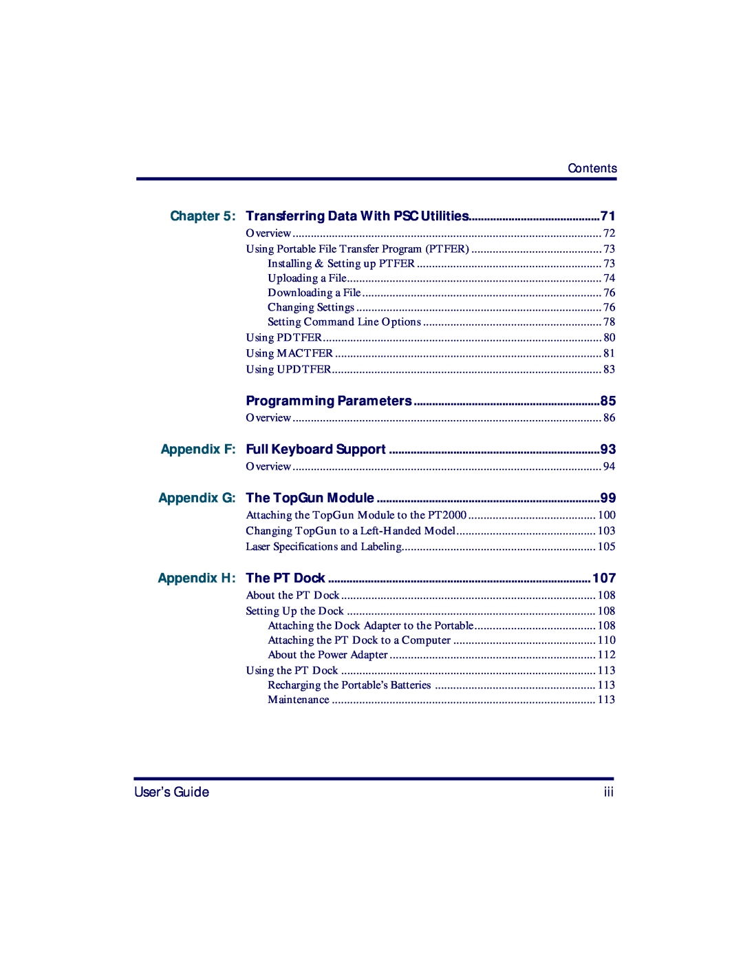 PSC PT2000 manual Appendix F, Chapter, User’s Guide, Contents, Transferring Data With PSC Utilities, Programming Parameters 