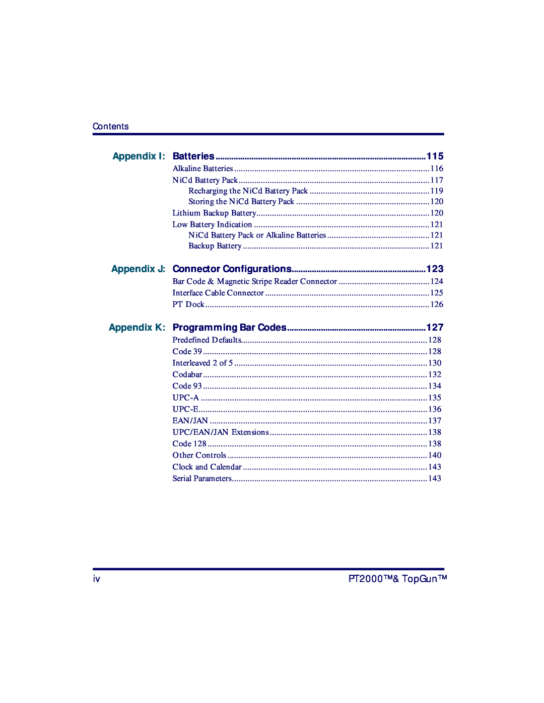 PSC manual Appendix J, Contents, Appendix K Programming Bar Codes, PT2000 & TopGun 
