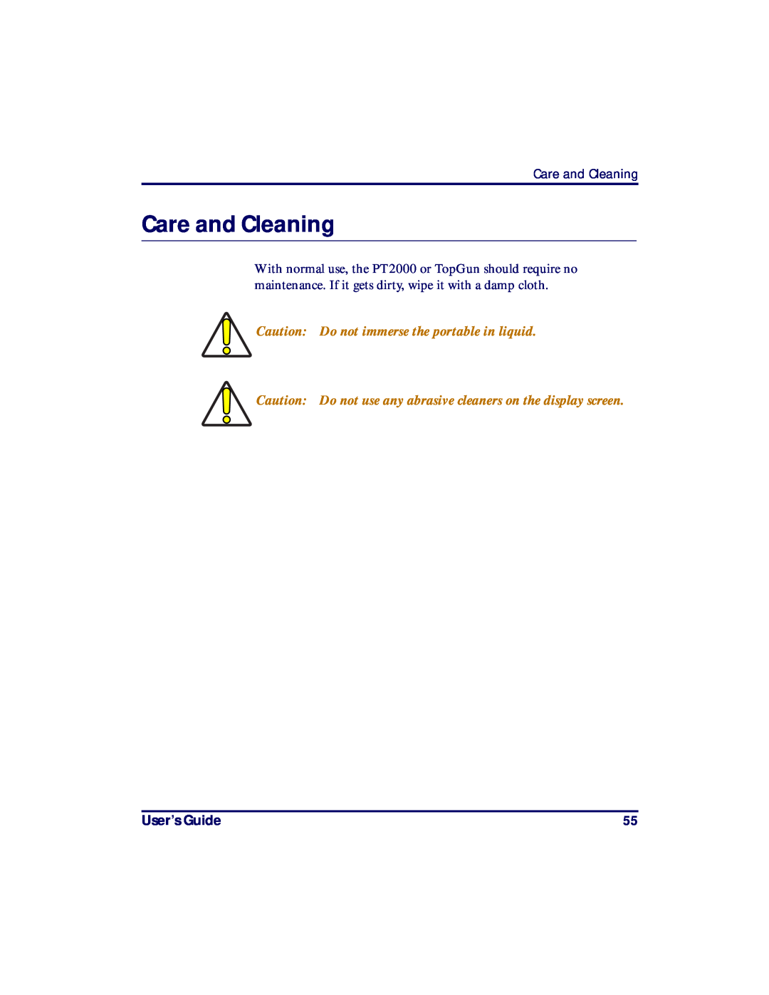 PSC PT2000, TopGun manual Care and Cleaning, Caution Do not immerse the portable in liquid, User’s Guide 