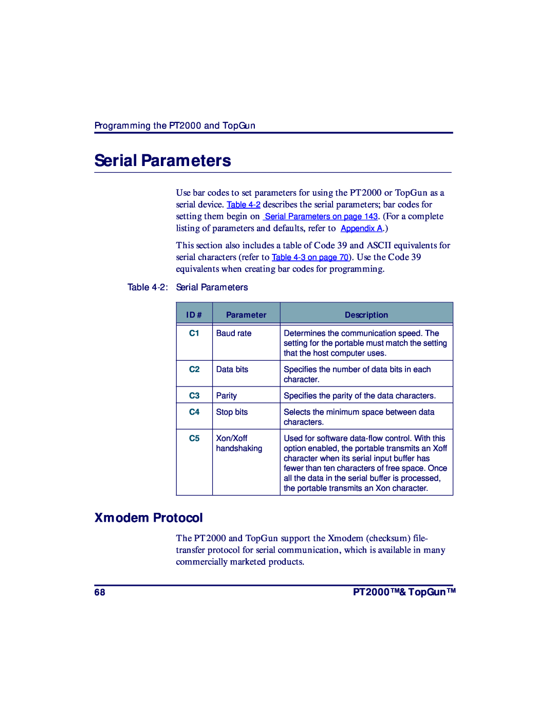 PSC TopGun, PT2000 manual Serial Parameters, Xmodem Protocol 