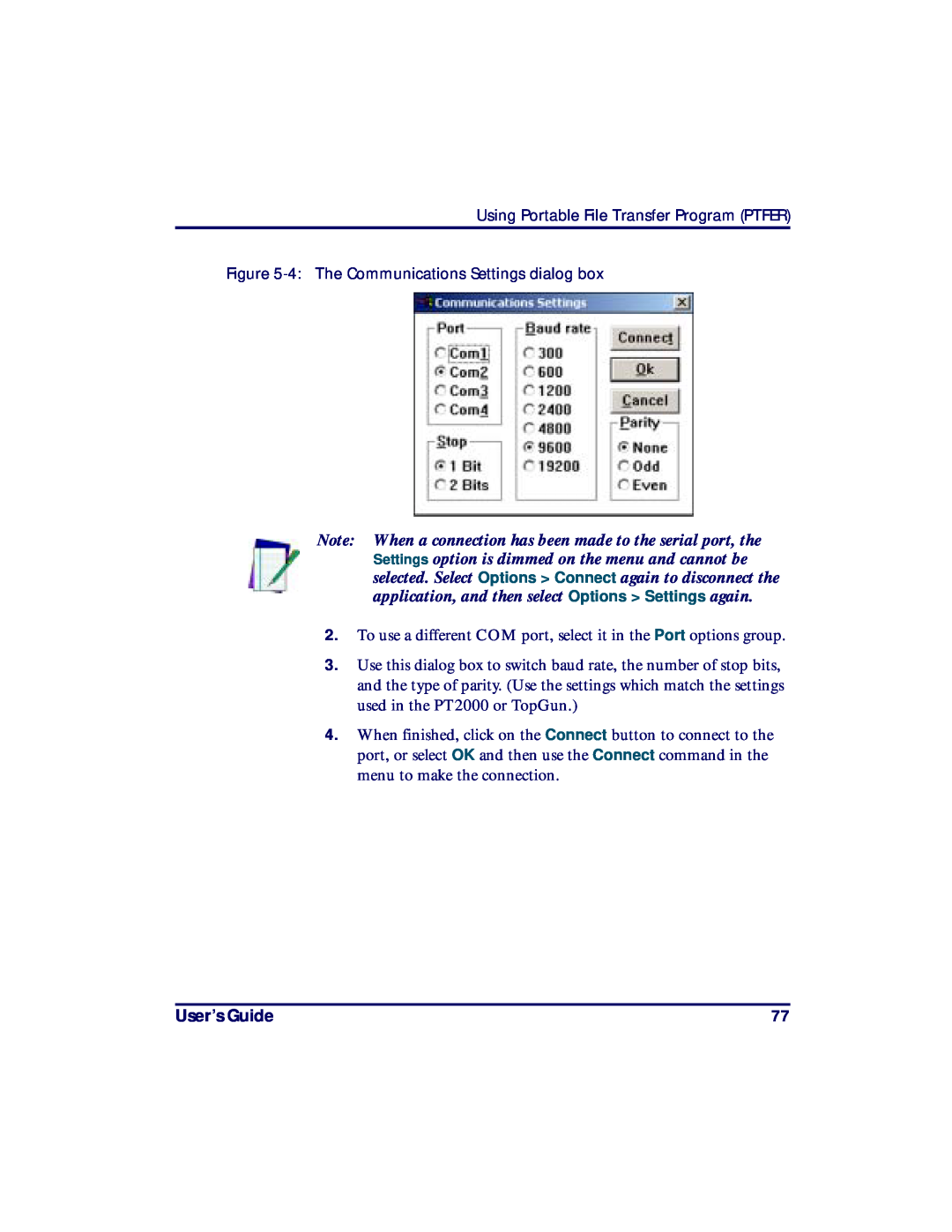 PSC PT2000, TopGun manual To use a different COM port, select it in the Port options group, User’s Guide 