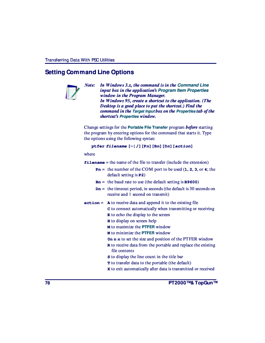 PSC TopGun, PT2000 manual Setting Command Line Options, ptferfilename-/PnBnDnaction 