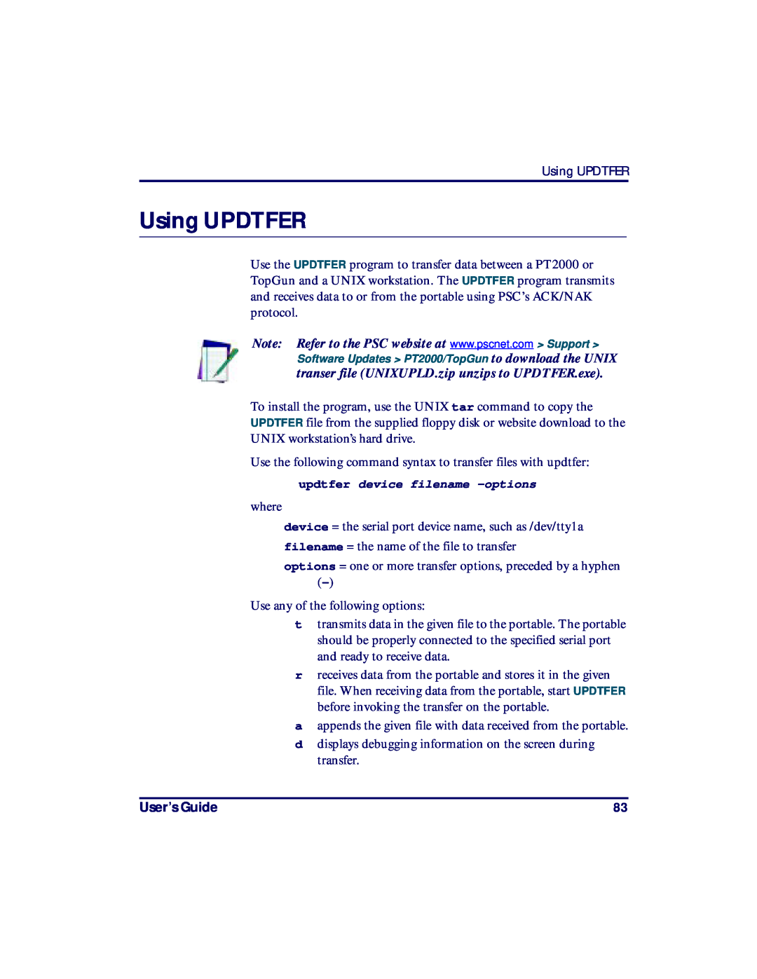 PSC PT2000, TopGun manual Using UPDTFER, User’s Guide 