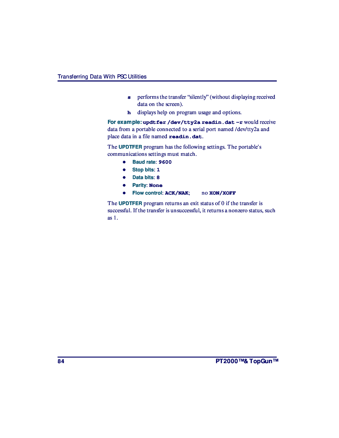 PSC TopGun, PT2000 manual h displays help on program usage and options 