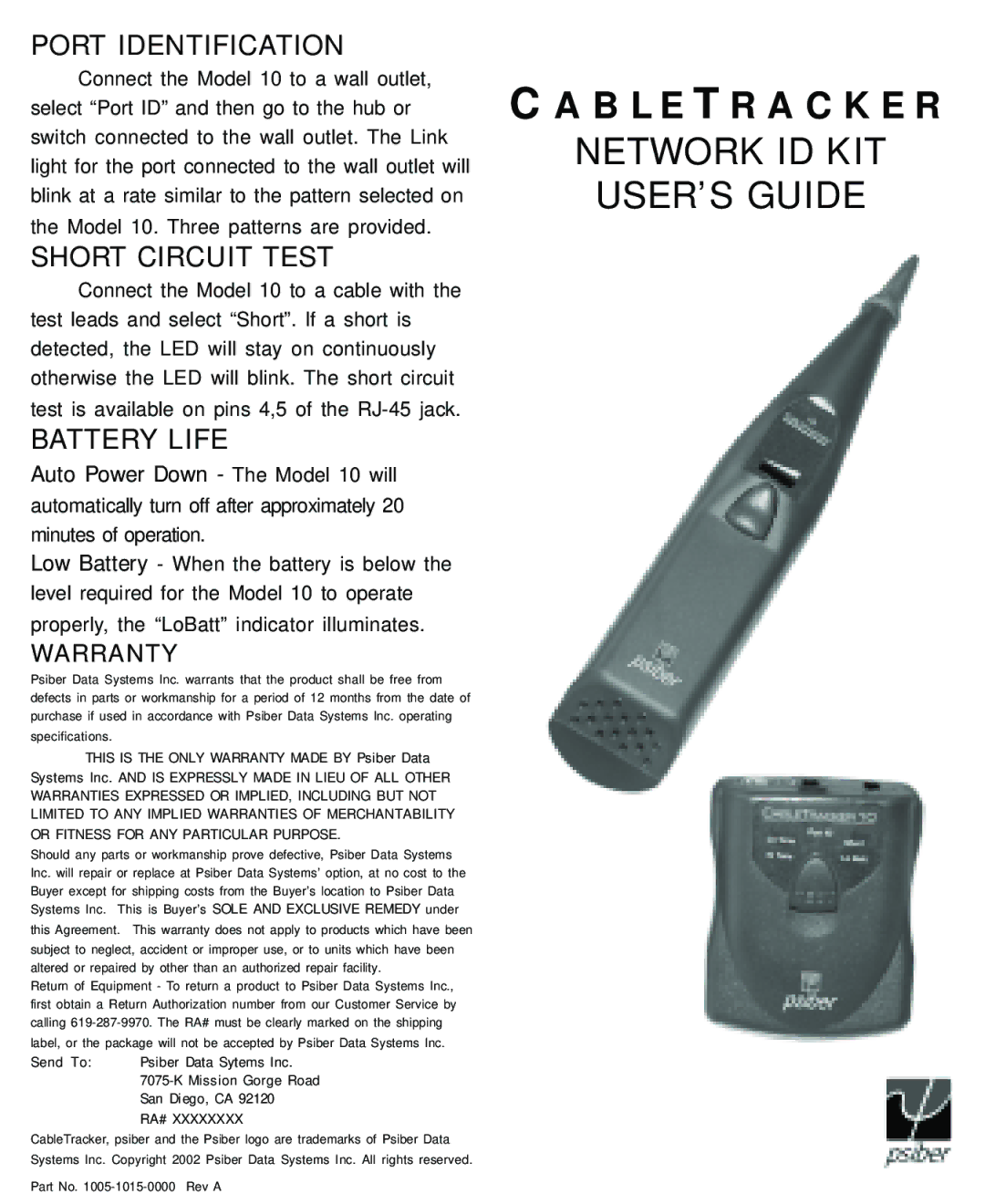 Psiber Data Systems 10 warranty Port Identification, Short Circuit Test, Battery Life 