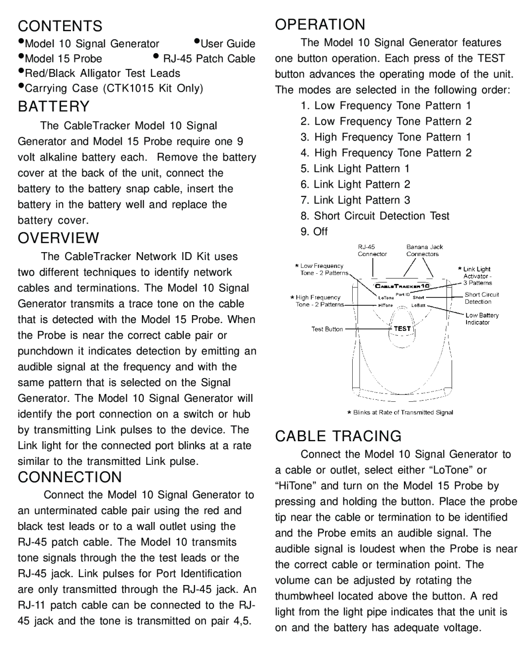 Psiber Data Systems 10 warranty Contents, Battery, Overview, Connection, Operation, Cable Tracing 