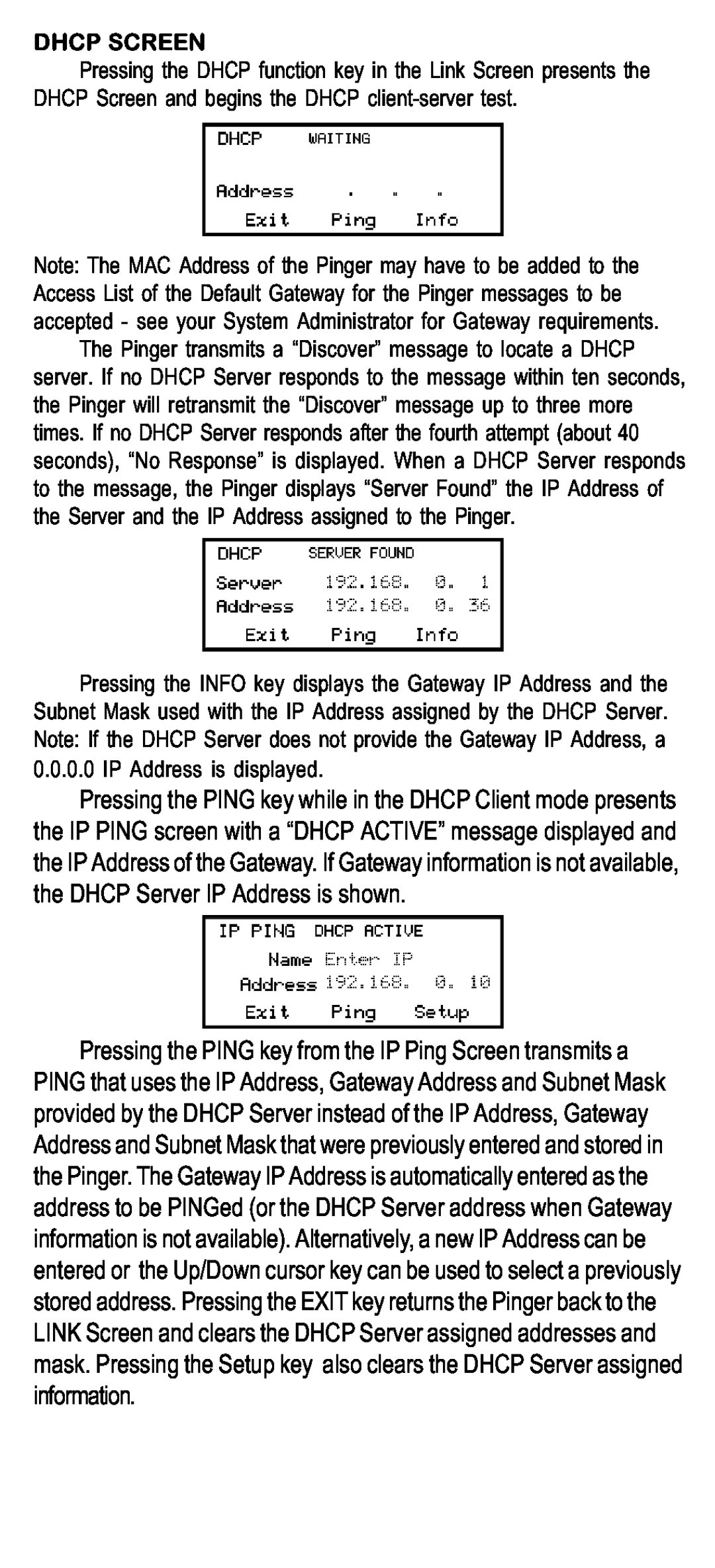 Psiber Data Systems NETWORK IP TESTER manual Dhcp Screen 