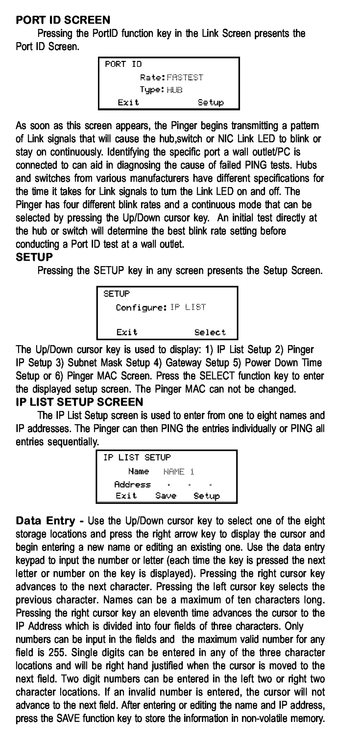 Psiber Data Systems NETWORK IP TESTER manual Port Id Screen, Ip List Setup Screen 