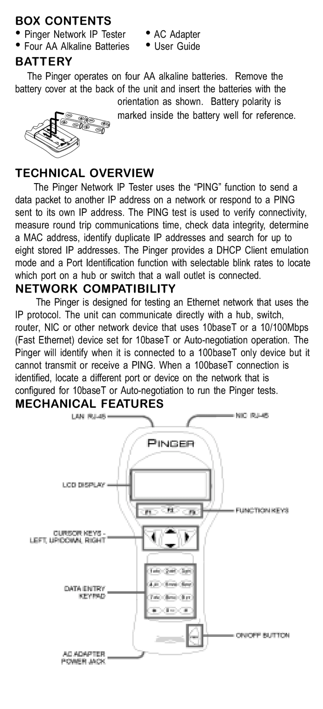 Psiber Data Systems NETWORK IP TESTER manual BOX Contents, Battery, Technical Overview, Network Compatibility 