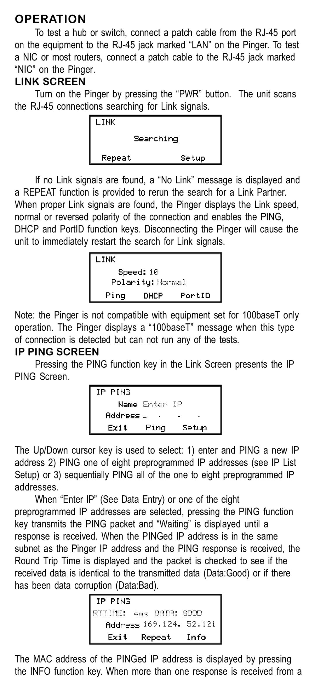 Psiber Data Systems NETWORK IP TESTER manual Operation, Link Screen, IP Ping Screen 