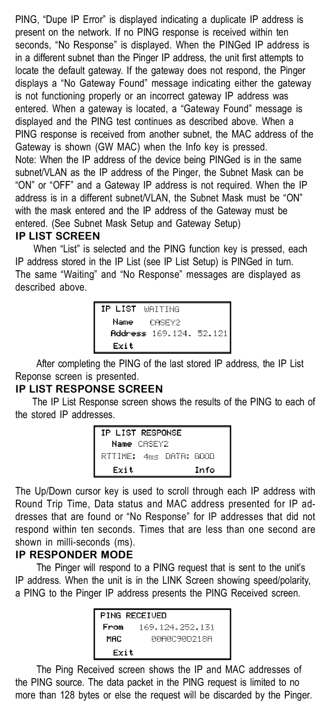 Psiber Data Systems NETWORK IP TESTER manual IP List Screen, IP List Response Screen, IP Responder Mode 