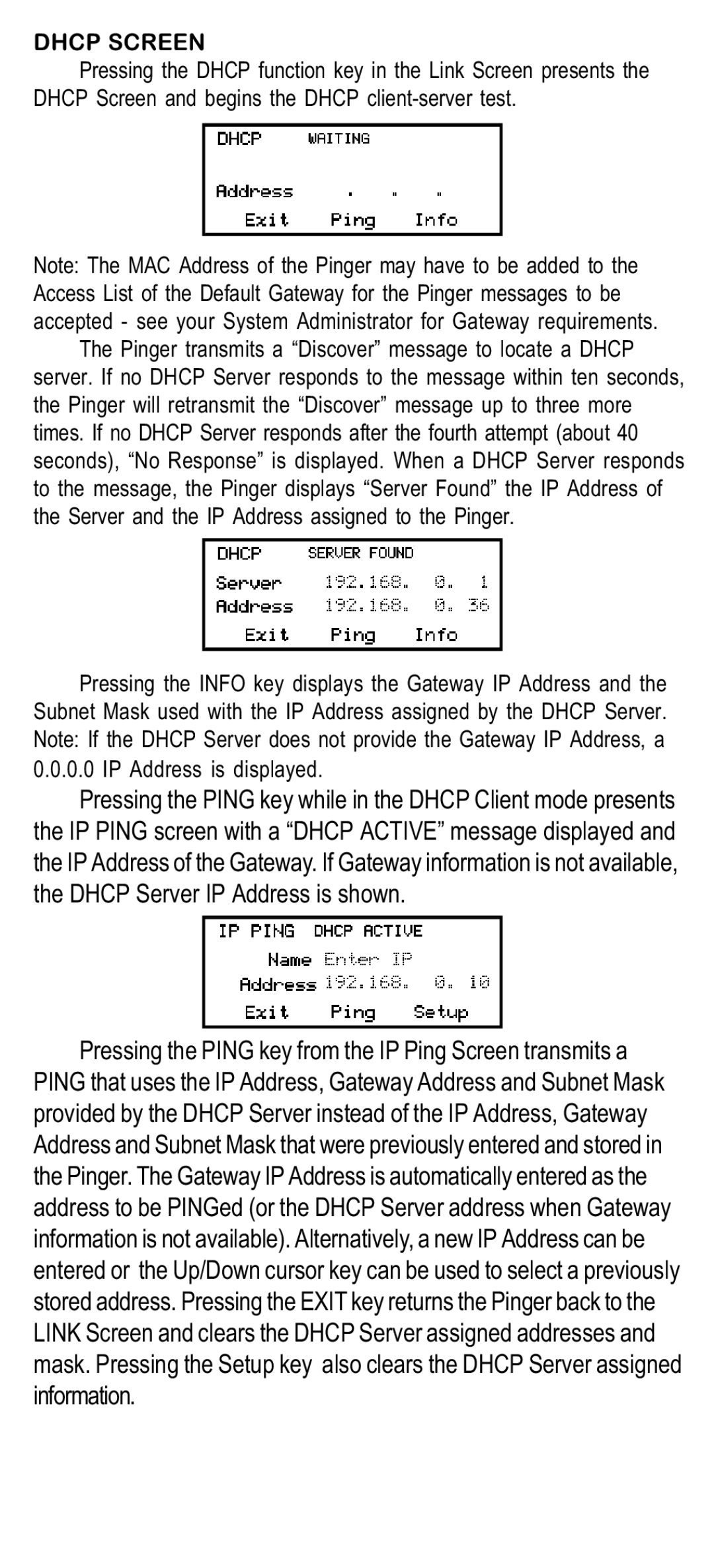 Psiber Data Systems NETWORK IP TESTER manual Dhcp Screen 