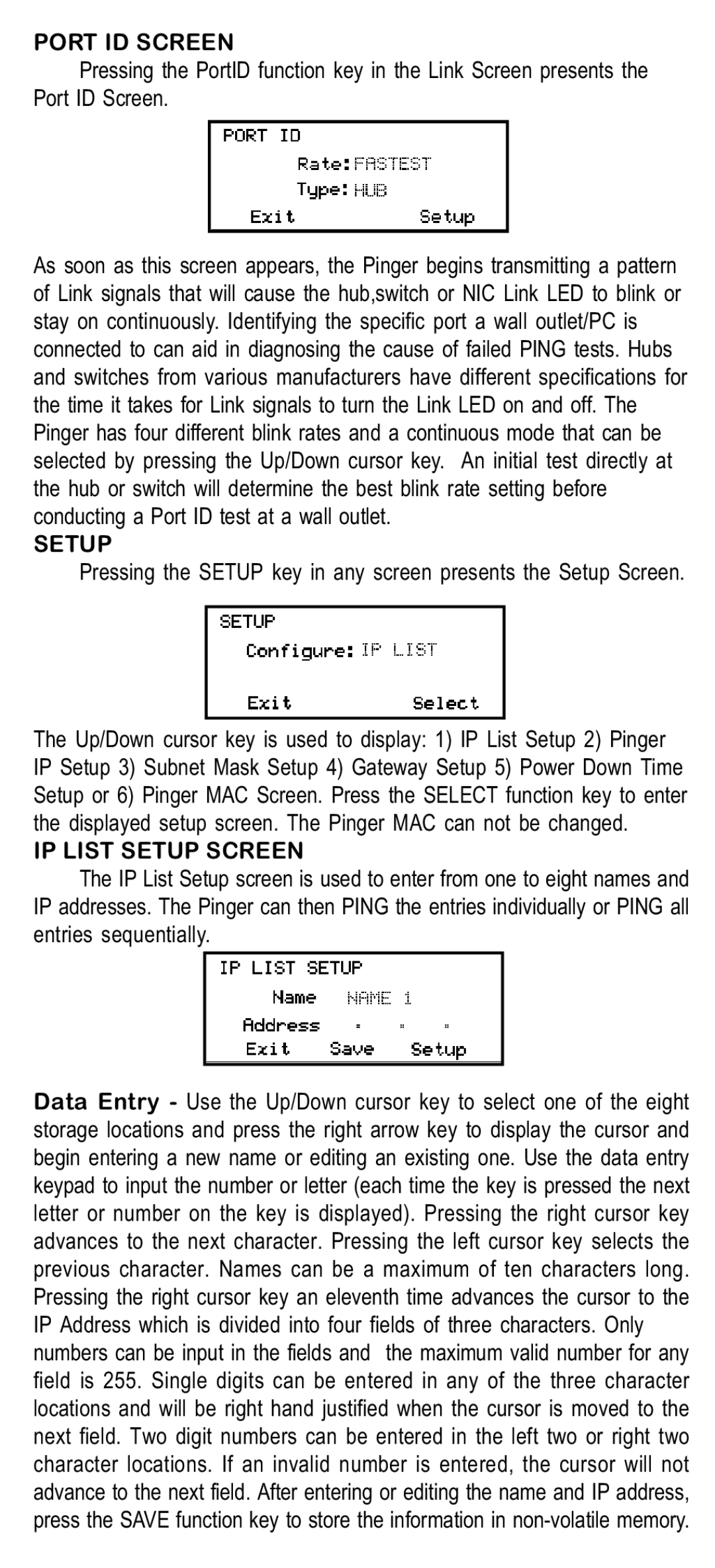 Psiber Data Systems NETWORK IP TESTER manual Port ID Screen, IP List Setup Screen 