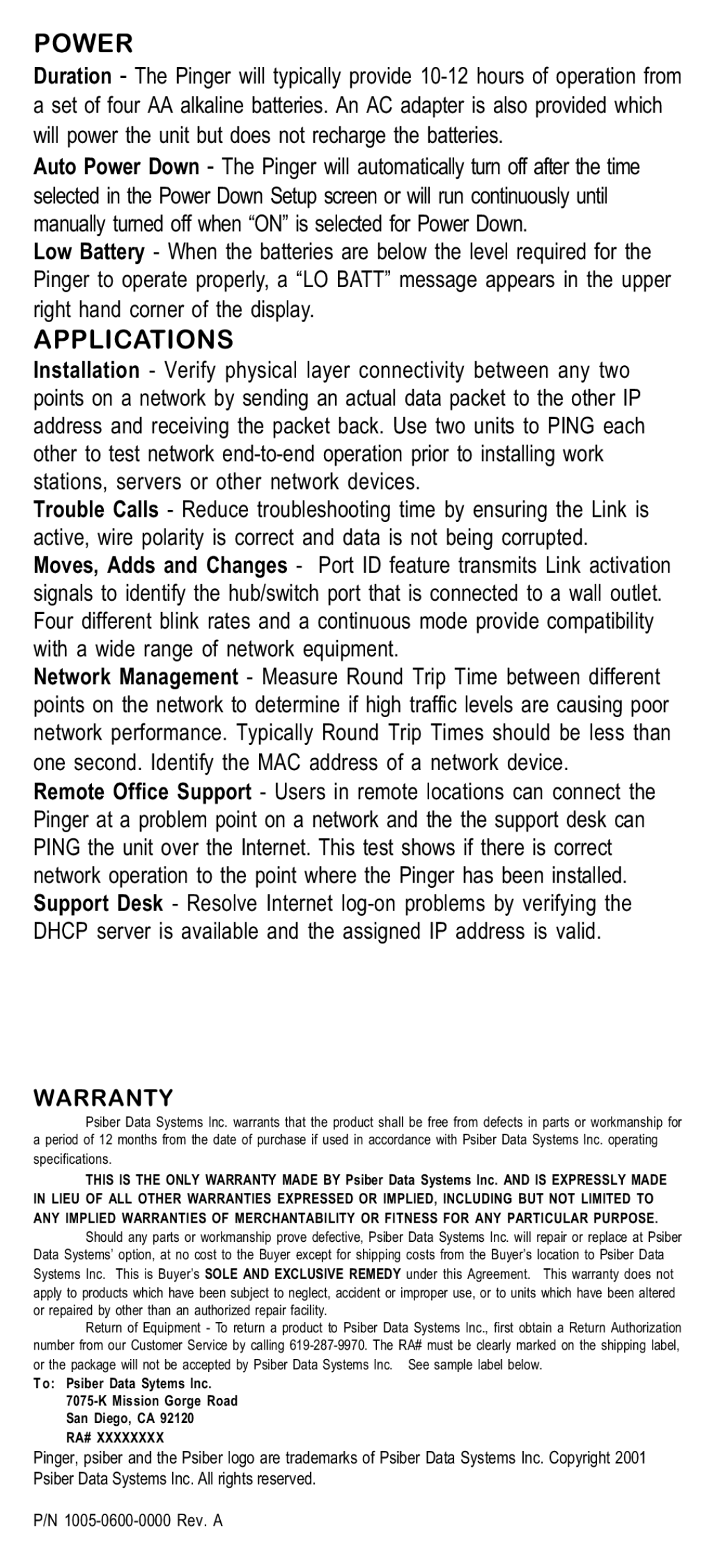 Psiber Data Systems NETWORK IP TESTER manual Power, Applications, Warranty 