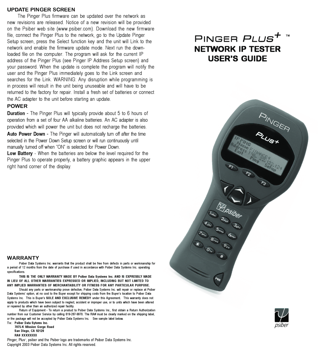 Psiber Data Systems Pinger Plus Network IP Tester warranty Update Pinger Screen Power, Warranty 