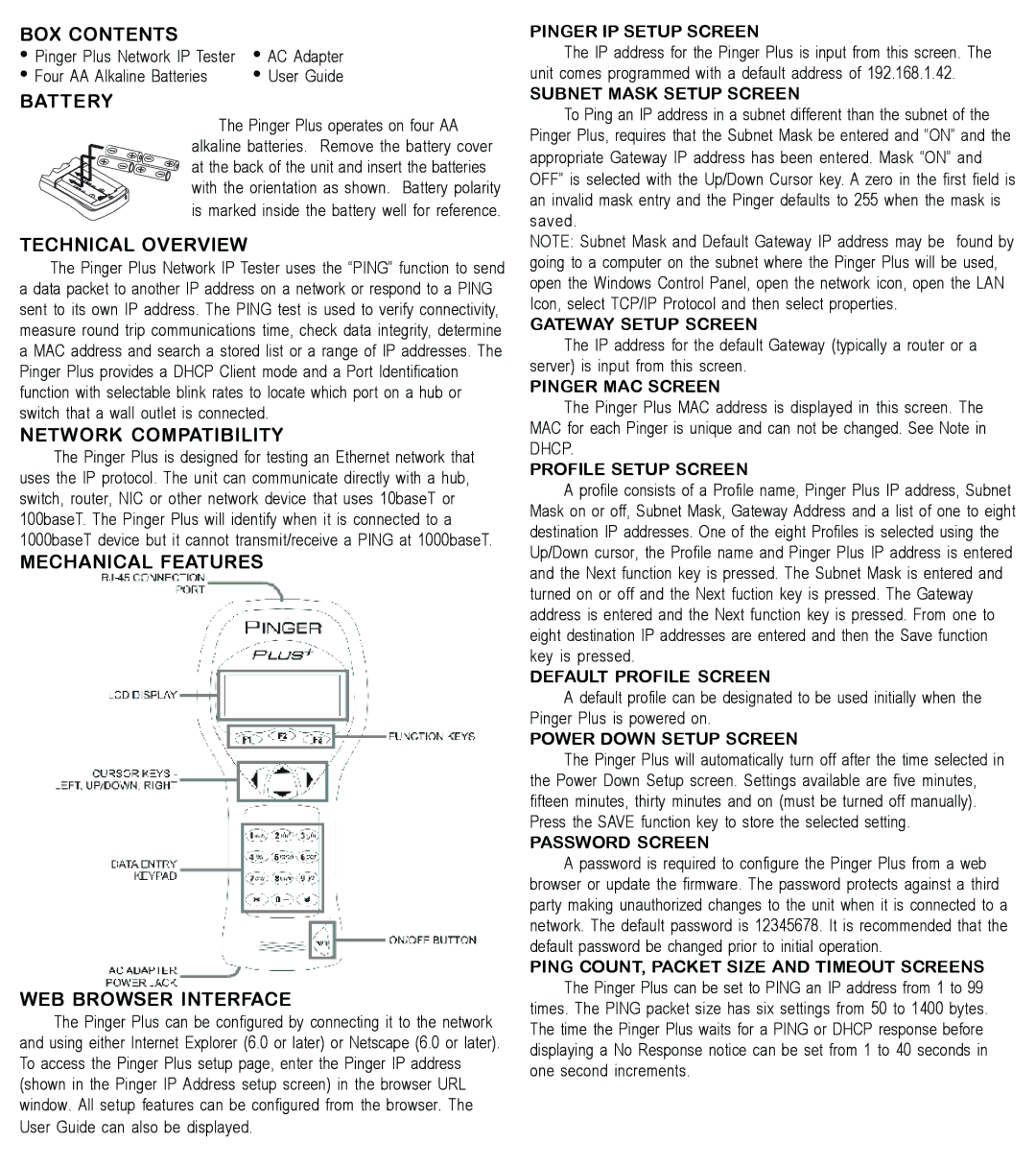 Psiber Data Systems Pinger Plus Network IP Tester warranty BOX Contents, Battery, Technical Overview, Network Compatibility 