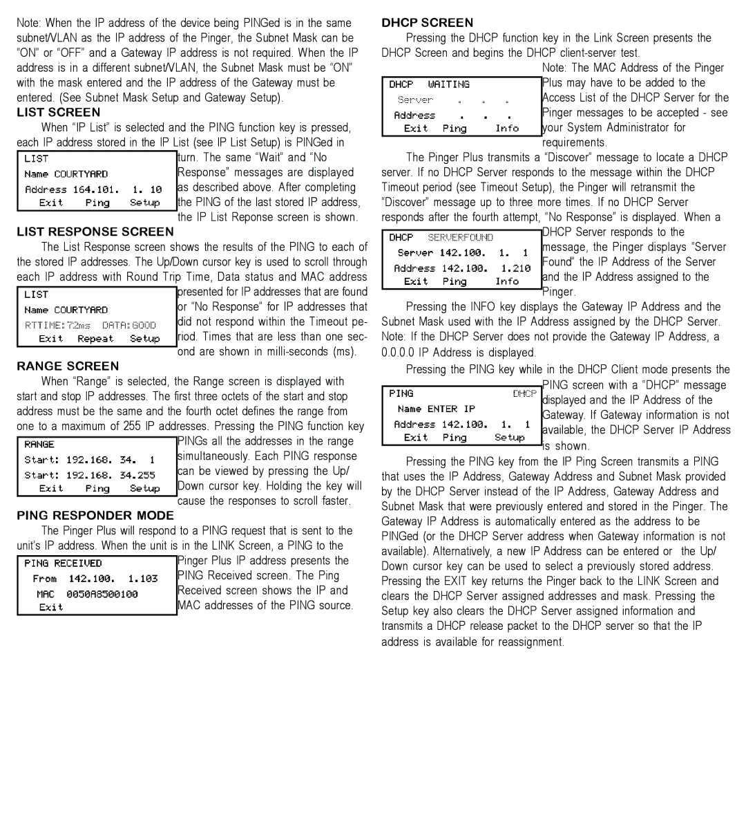 Psiber Data Systems Pinger Plus Network IP Tester List Screen, List Response Screen, Range Screen, Ping Responder Mode 