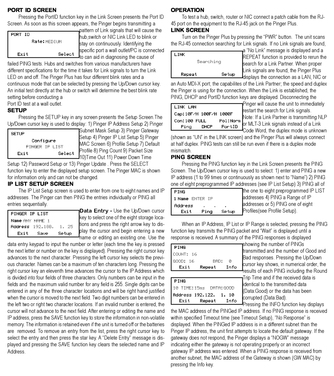 Psiber Data Systems PINGER warranty Port ID Screen, IP List Setup Screen, Operation, Link Screen, Ping Screen 