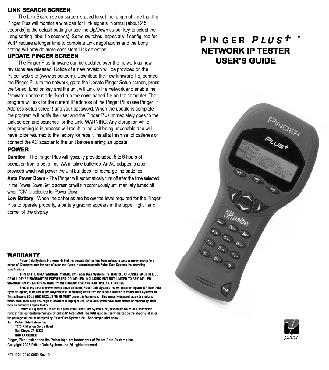 Psiber Data Systems PINGER warranty Pinger Plus+ Tm Network Ip Tester User’S Guide, Link Search Screen, Power, Warranty 