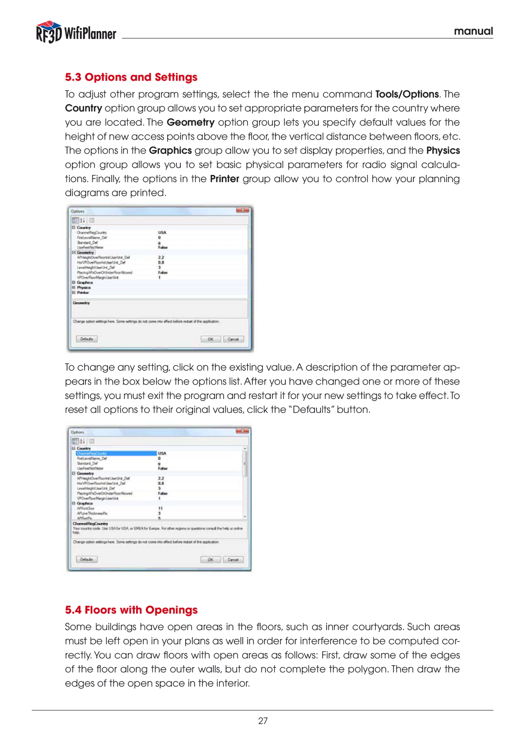 Psiber Data Systems RF3D manual Options and Settings, Floors with Openings 