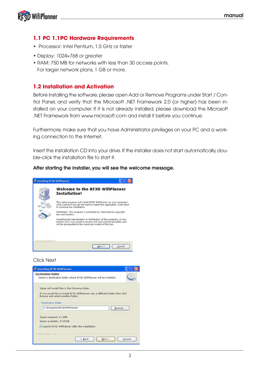 Psiber Data Systems RF3D manual PC 1.1PC Hardware Requirements, Installation and Activation 