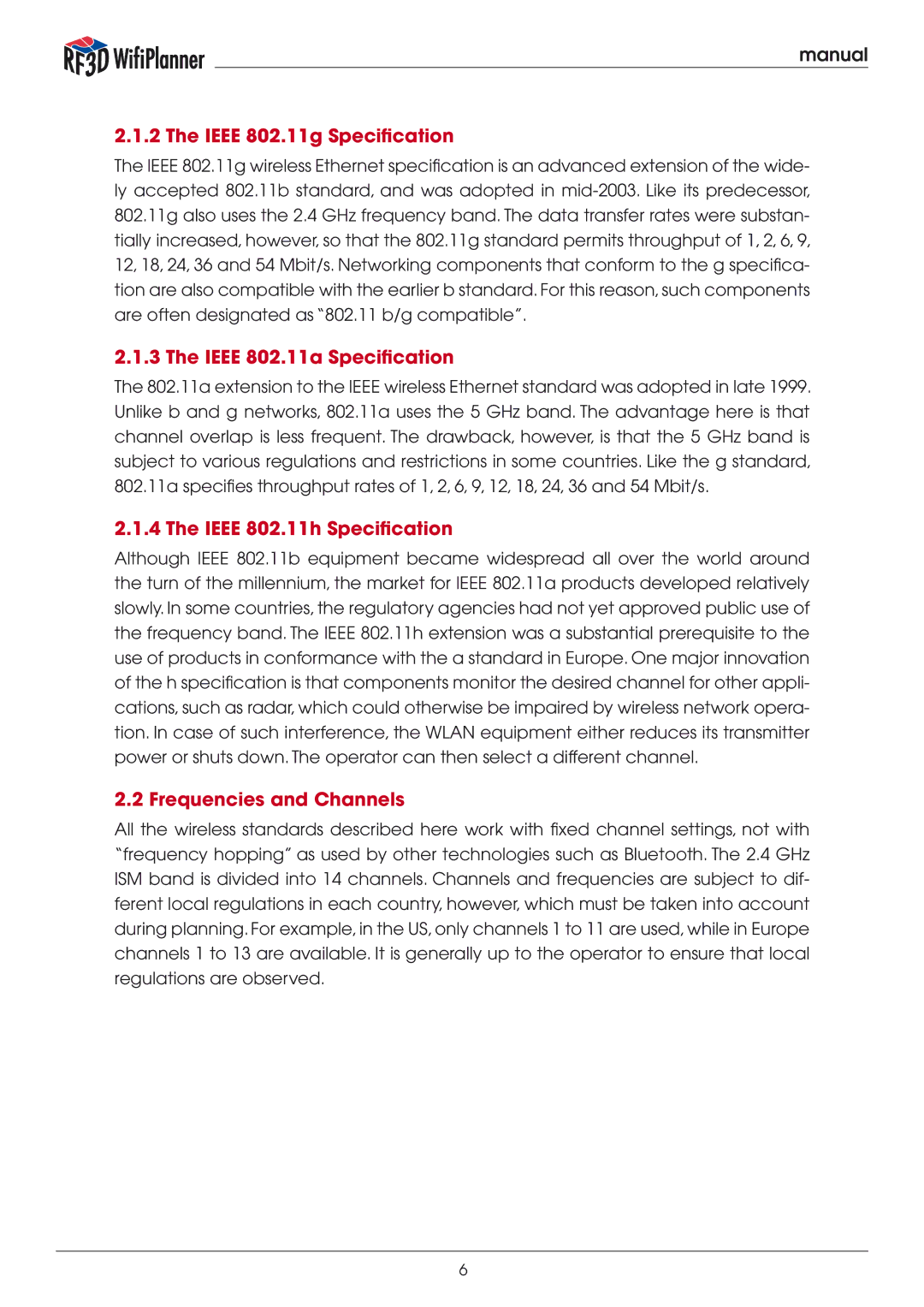 Psiber Data Systems RF3D manual Ieee 802.11g Specification, Ieee 802.11a Specification, Ieee 802.11h Specification 