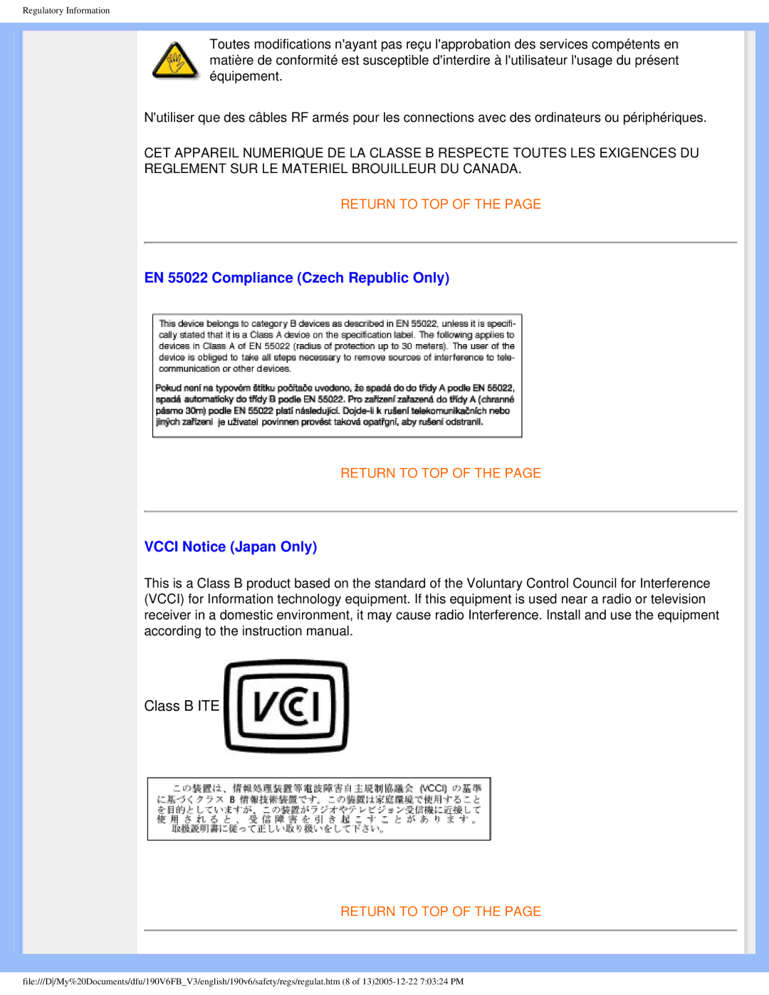 Psion Teklogix 190V6 user manual EN 55022 Compliance Czech Republic Only, Vcci Notice Japan Only 