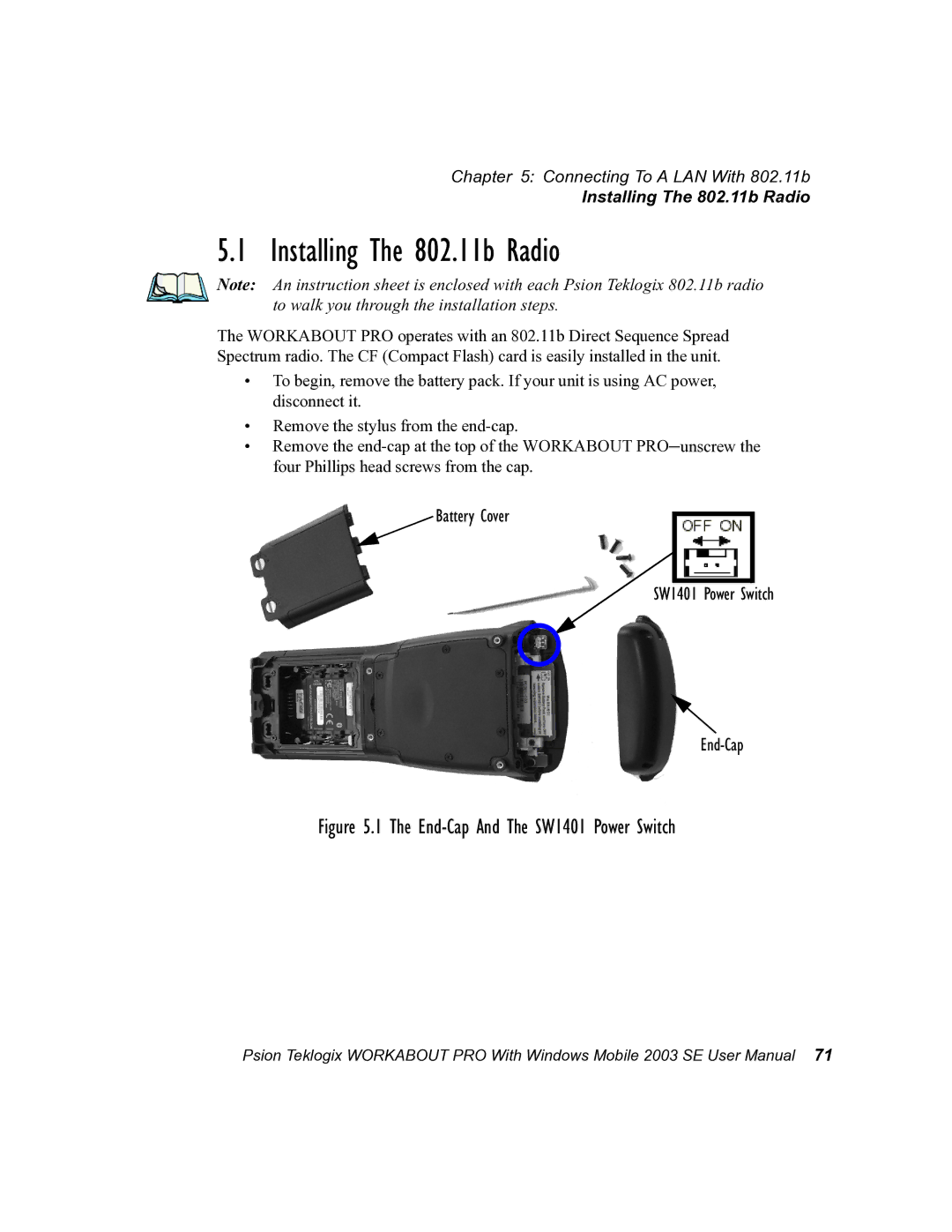 Psion Teklogix 7525 user manual Installing The 802.11b Radio 