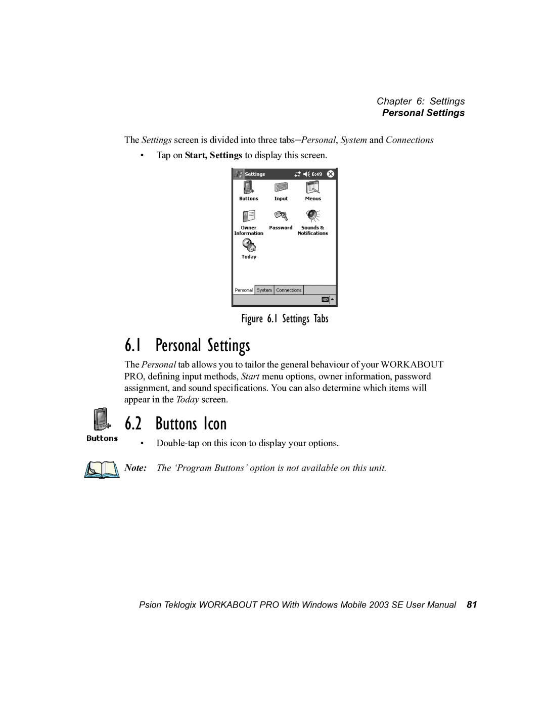 Psion Teklogix 7525 user manual Personal Settings, Buttons Icon 