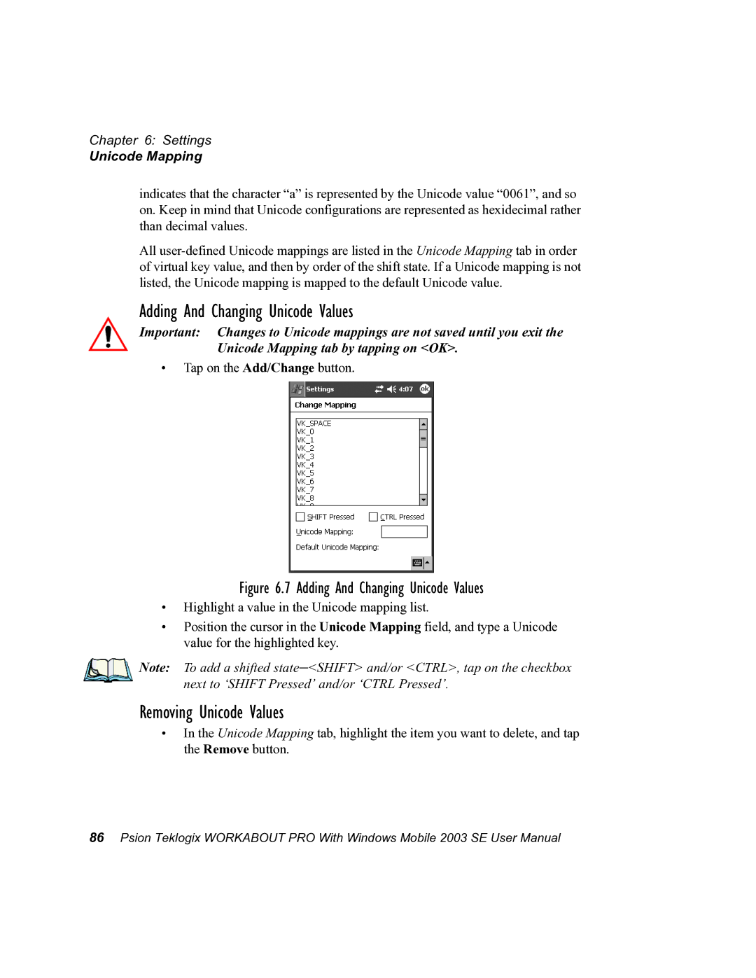 Psion Teklogix 7525 user manual Adding And Changing Unicode Values, Removing Unicode Values 