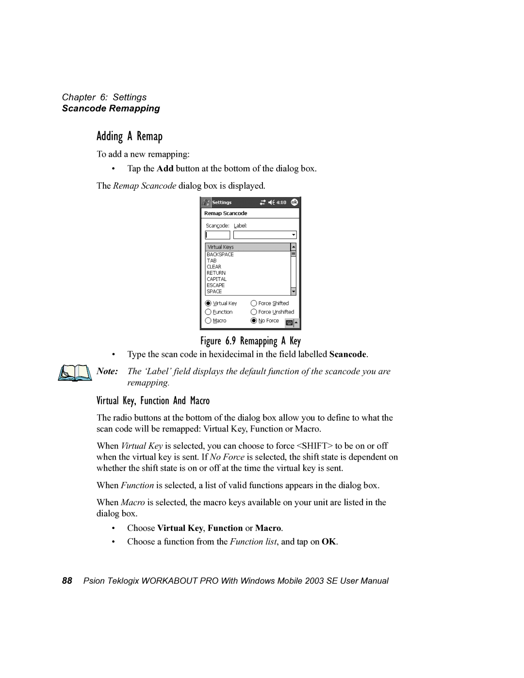 Psion Teklogix 7525 user manual Adding a Remap, Virtual Key, Function And Macro, Choose Virtual Key, Function or Macro 