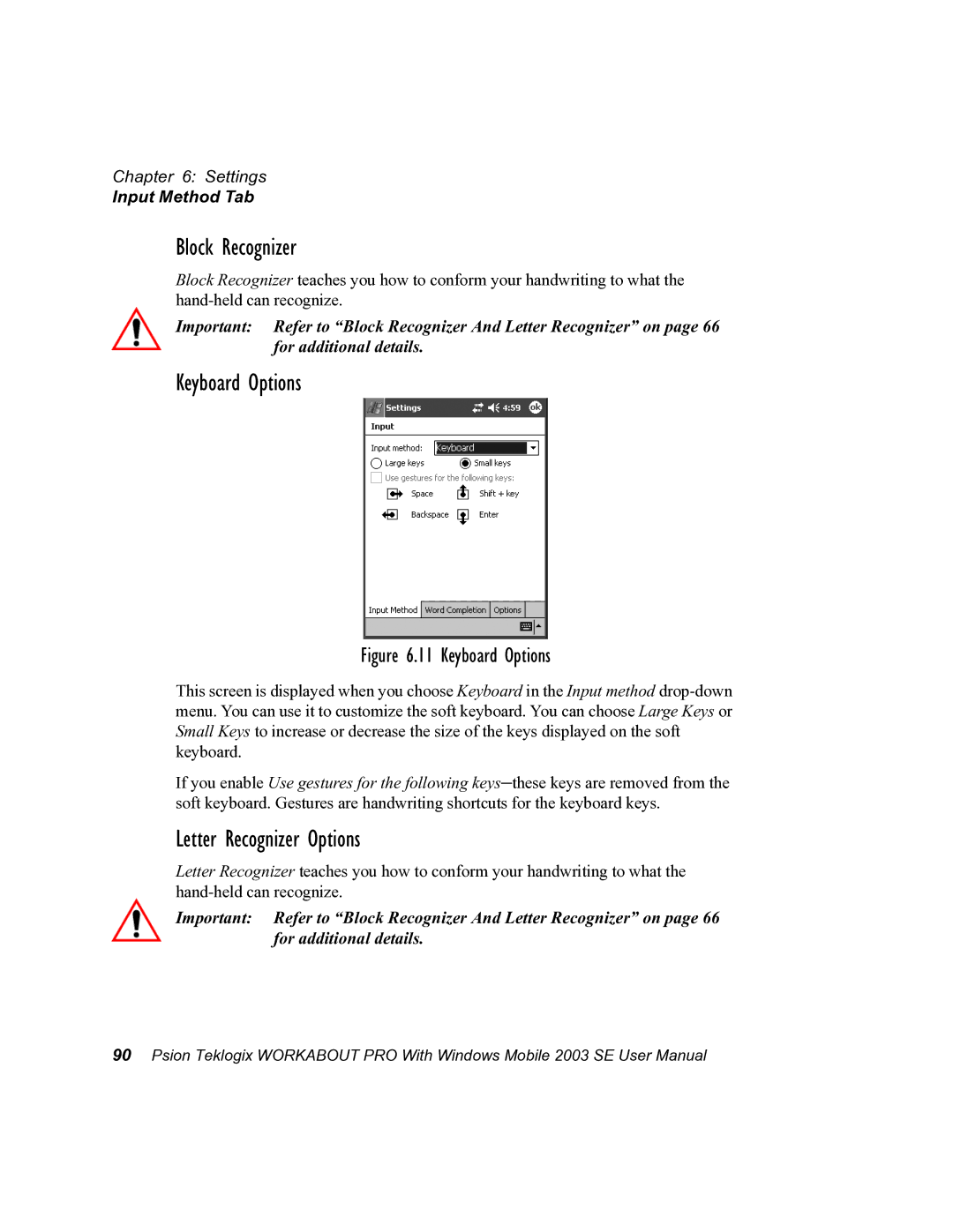 Psion Teklogix 7525 user manual Keyboard Options, Letter Recognizer Options, Input Method Tab 