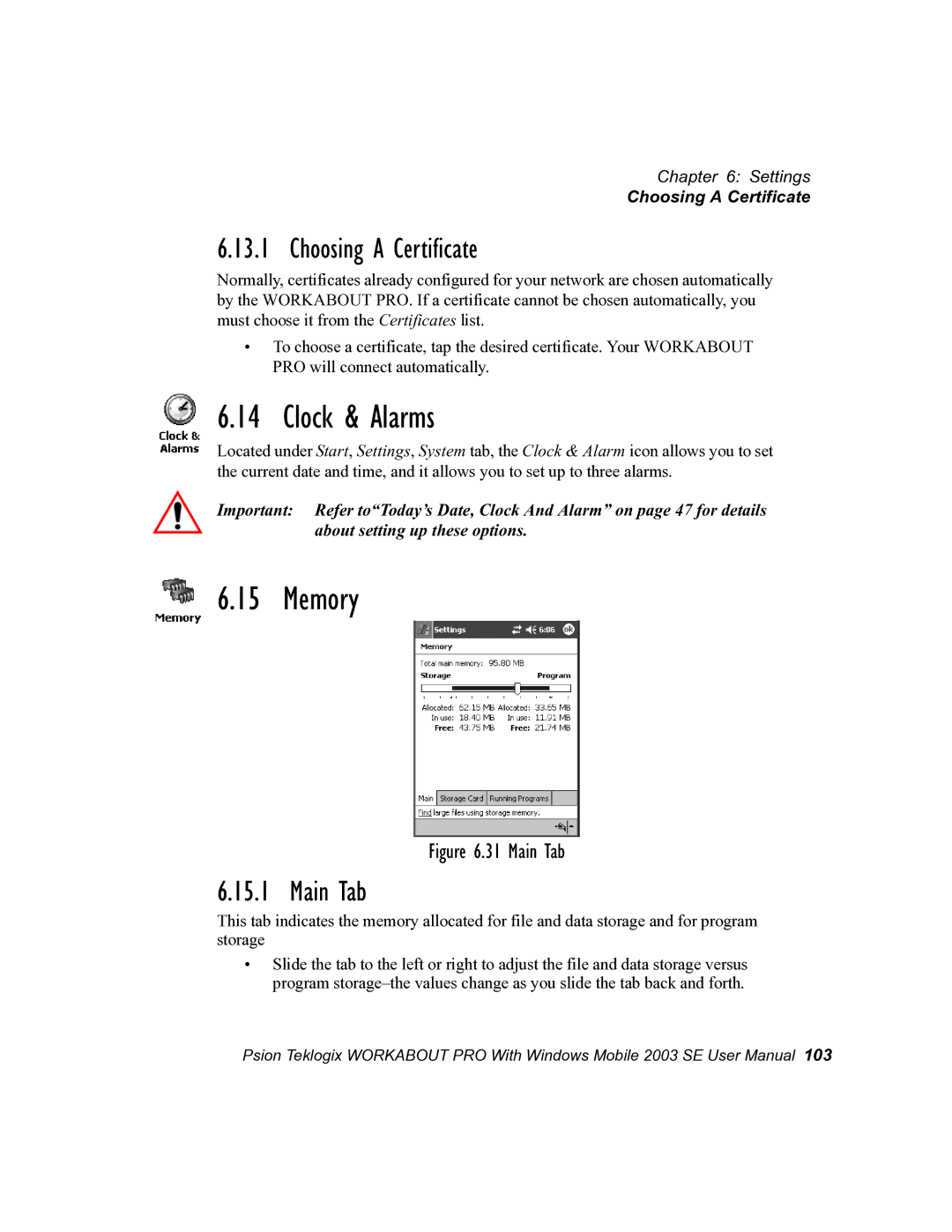 Psion Teklogix 7525 user manual Clock & Alarms, Memory, Choosing a Certificate, Main Tab 