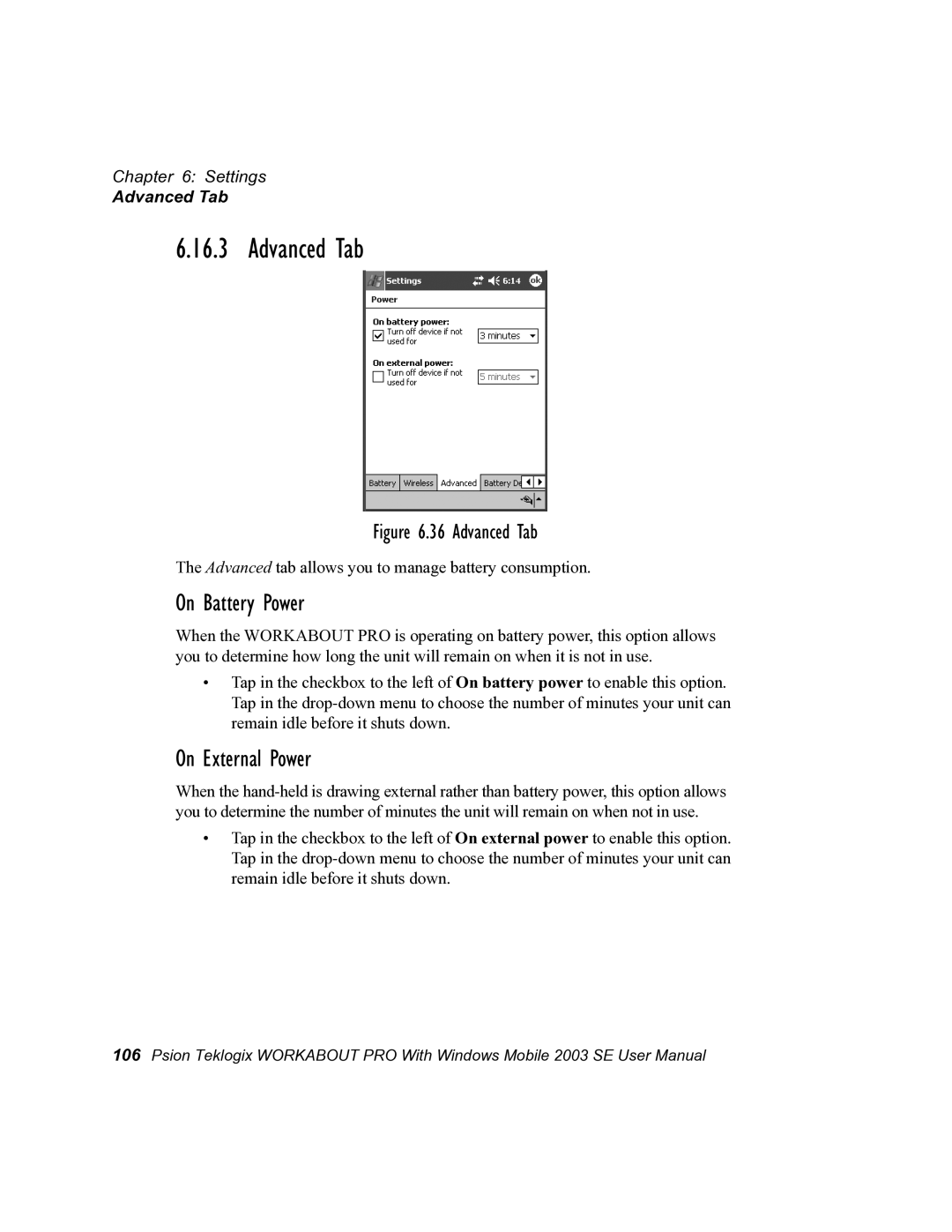 Psion Teklogix 7525 user manual Advanced Tab, On Battery Power, On External Power 