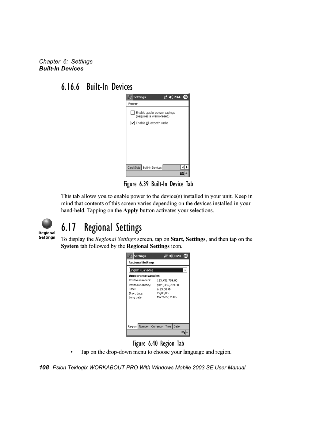 Psion Teklogix 7525 user manual Regional Settings, Built-In Devices 