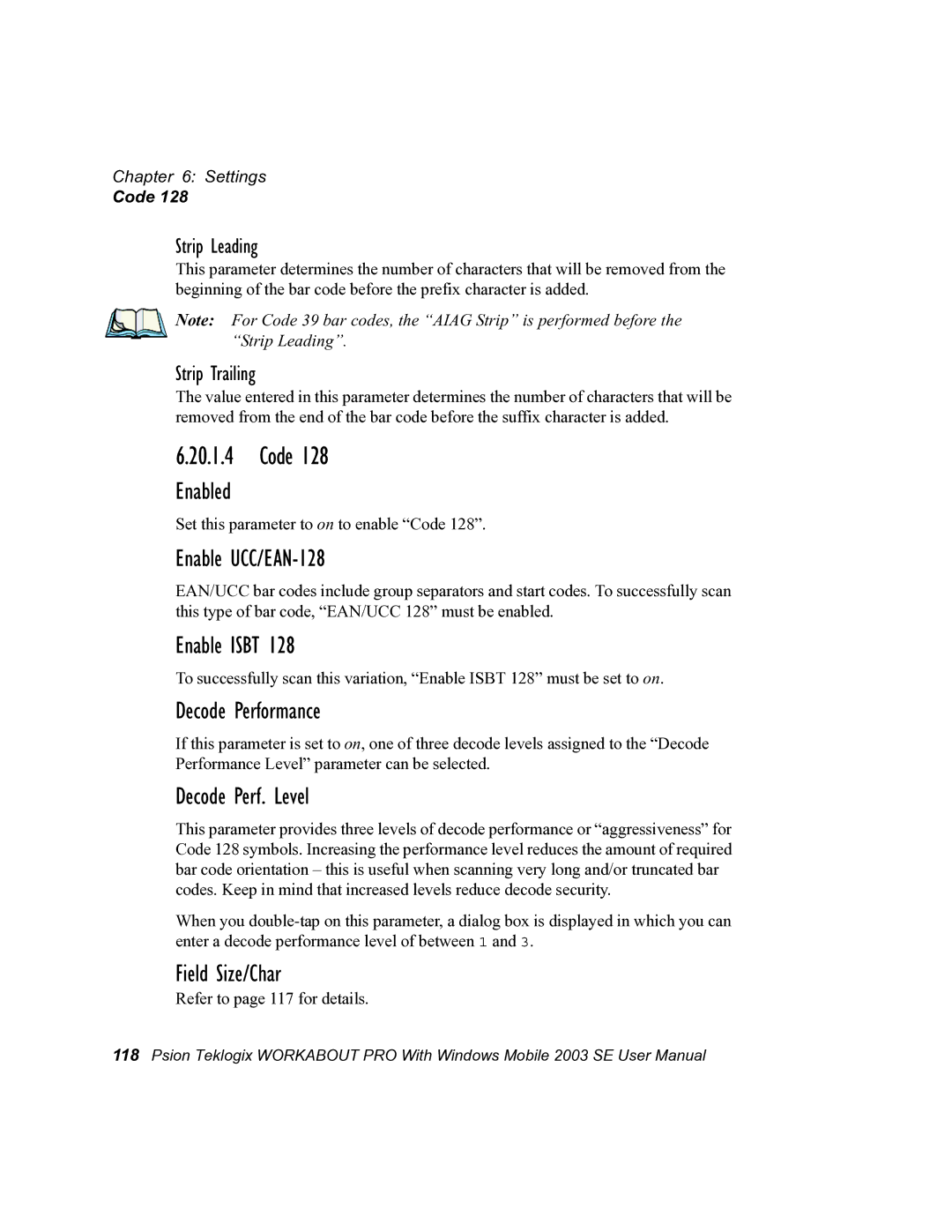 Psion Teklogix 7525 user manual Enable UCC/EAN-128, Enable Isbt, Field Size/Char, Strip Leading, Strip Trailing 
