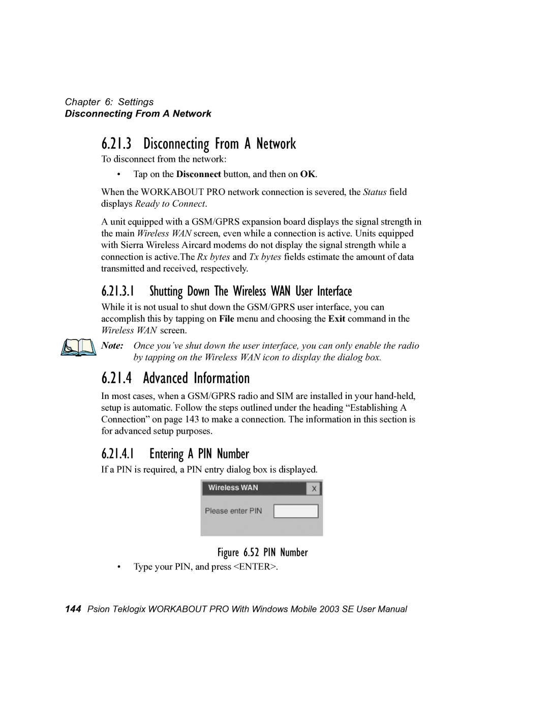 Psion Teklogix 7525 Disconnecting From a Network, Advanced Information, Shutting Down The Wireless WAN User Interface 