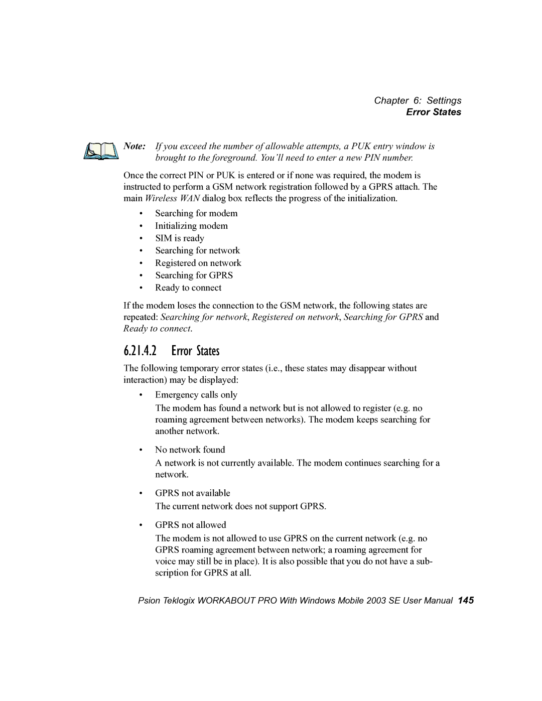 Psion Teklogix 7525 user manual Error States 