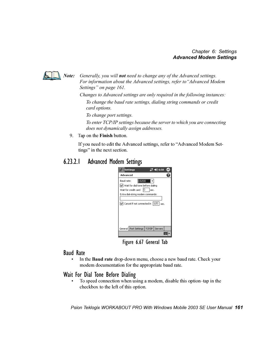 Psion Teklogix 7525 user manual Advanced Modem Settings, Baud Rate, Wait For Dial Tone Before Dialing 