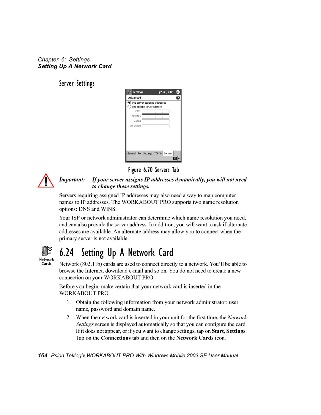 Psion Teklogix 7525 user manual Setting Up a Network Card, Server Settings 