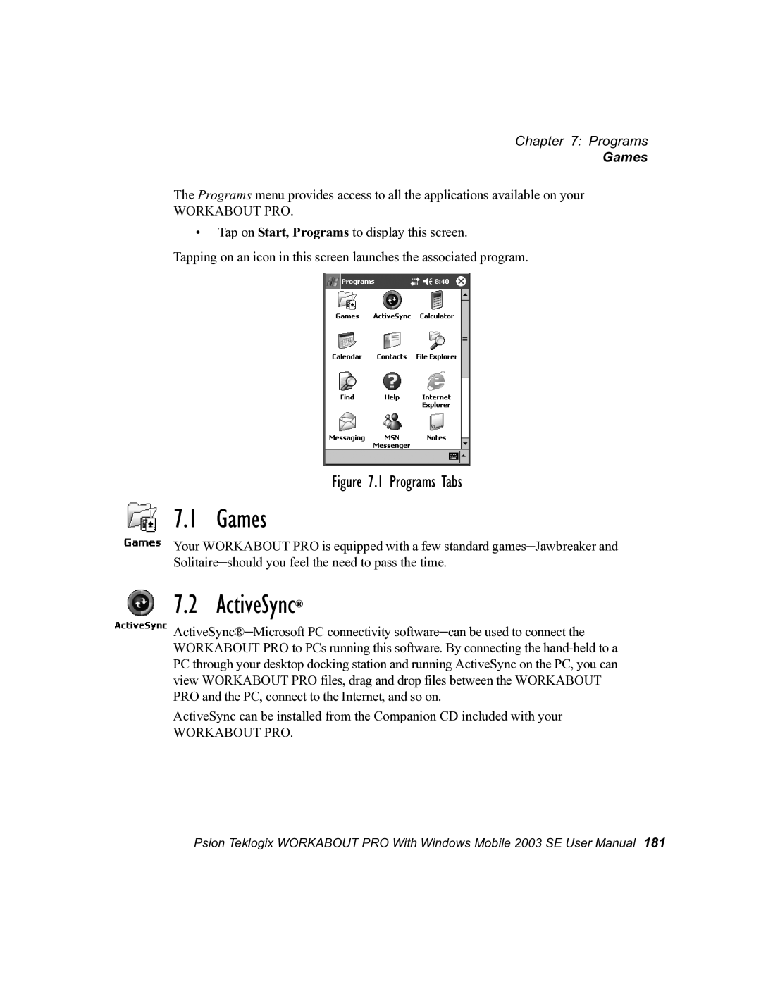 Psion Teklogix 7525 user manual Games, ActiveSync 