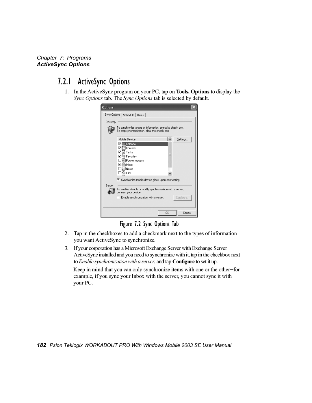 Psion Teklogix 7525 user manual ActiveSync Options 