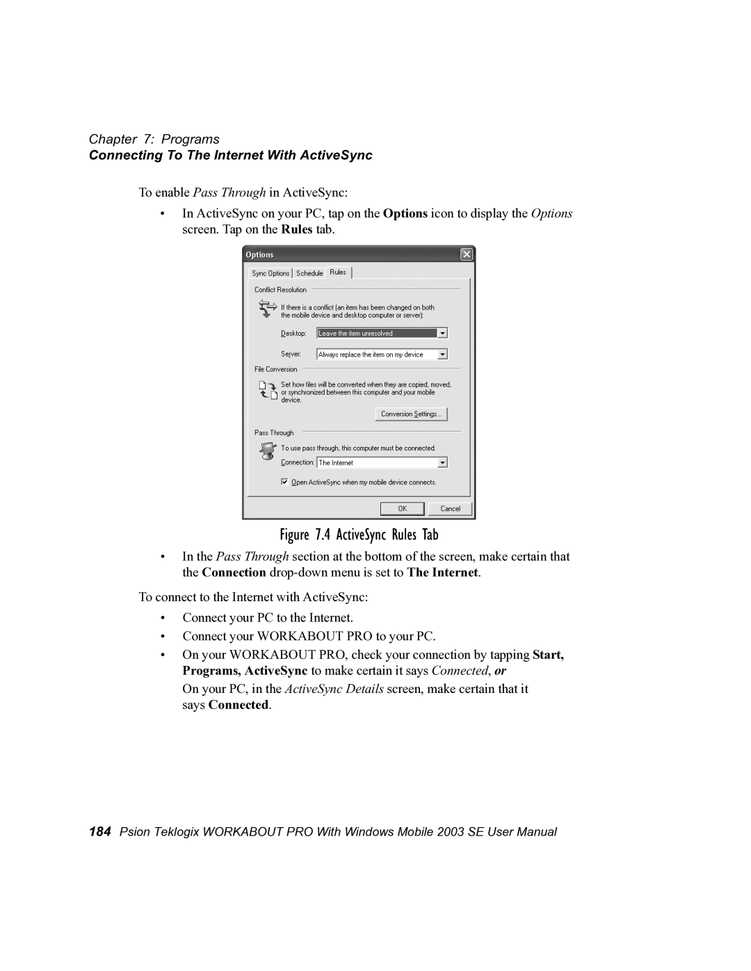 Psion Teklogix 7525 user manual ActiveSync Rules Tab, Connecting To The Internet With ActiveSync 