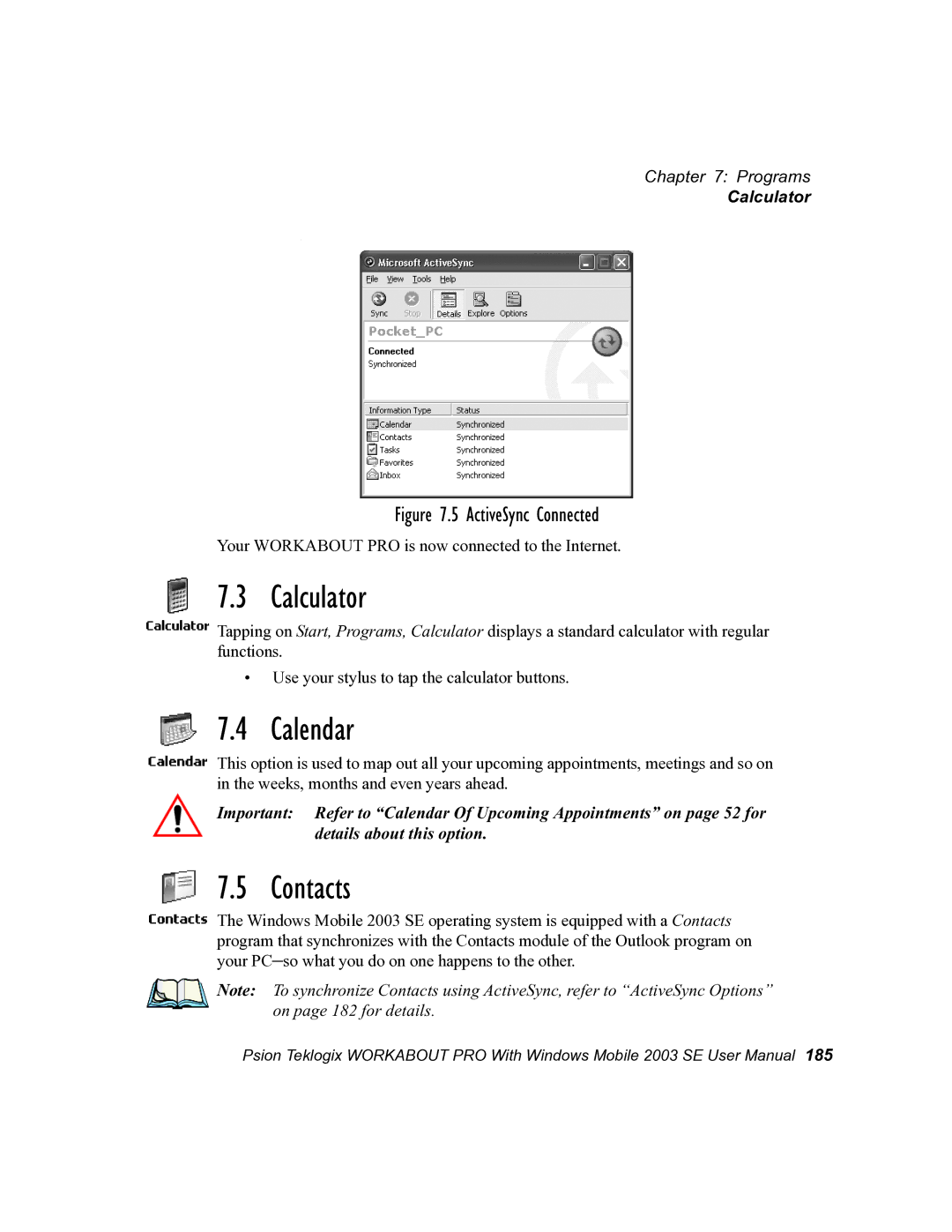 Psion Teklogix 7525 user manual Calculator, Calendar, Contacts 