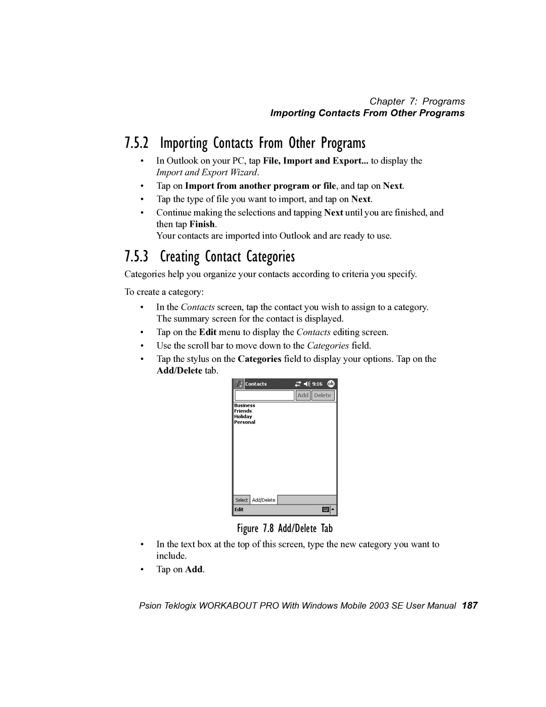 Psion Teklogix 7525 user manual Importing Contacts From Other Programs, Creating Contact Categories 